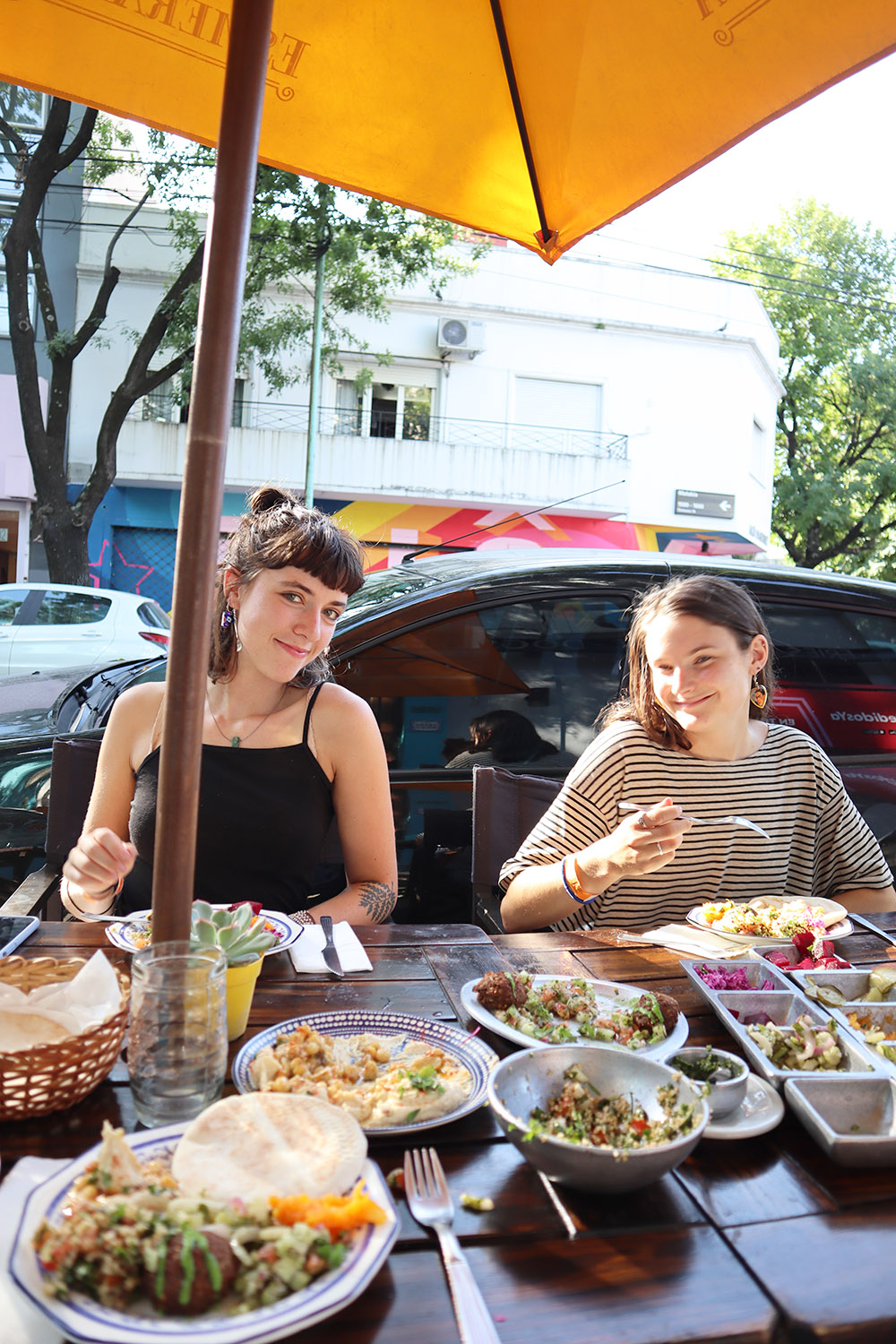 Two students enjoying a delicious lunch in Montevideo, Uruguay.